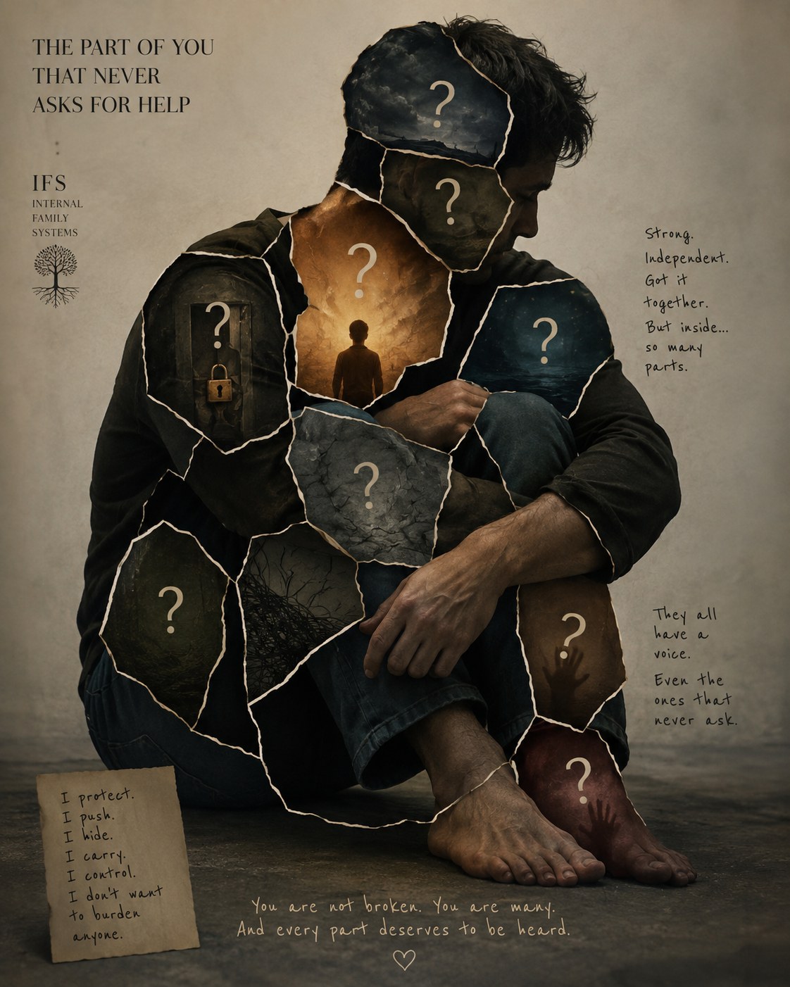 A person shown as fragmented pieces, each holding a question mark, illustrating the many internal parts described by Internal Family Systems therapy